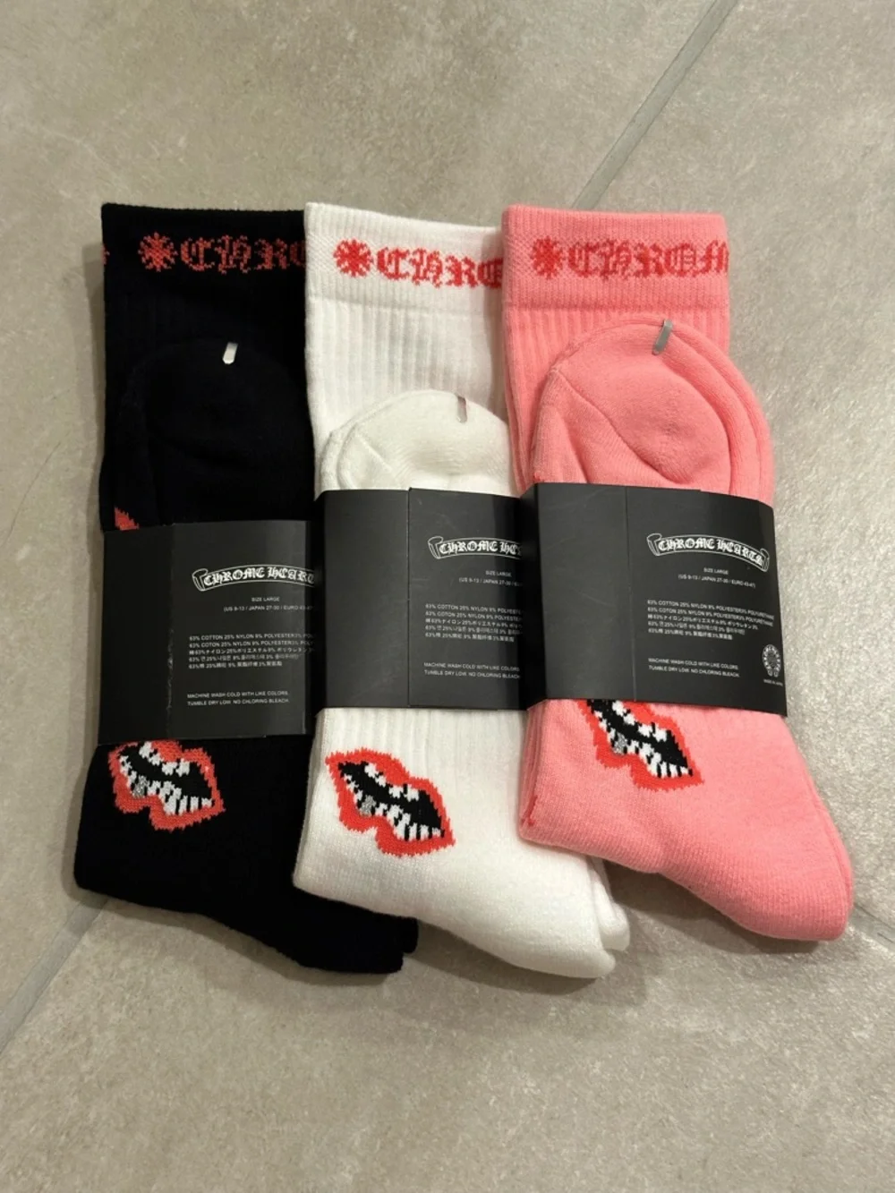 Chrome Hearts Pink Lip Chomper Socks 3-Pack Size Large Black White Pink